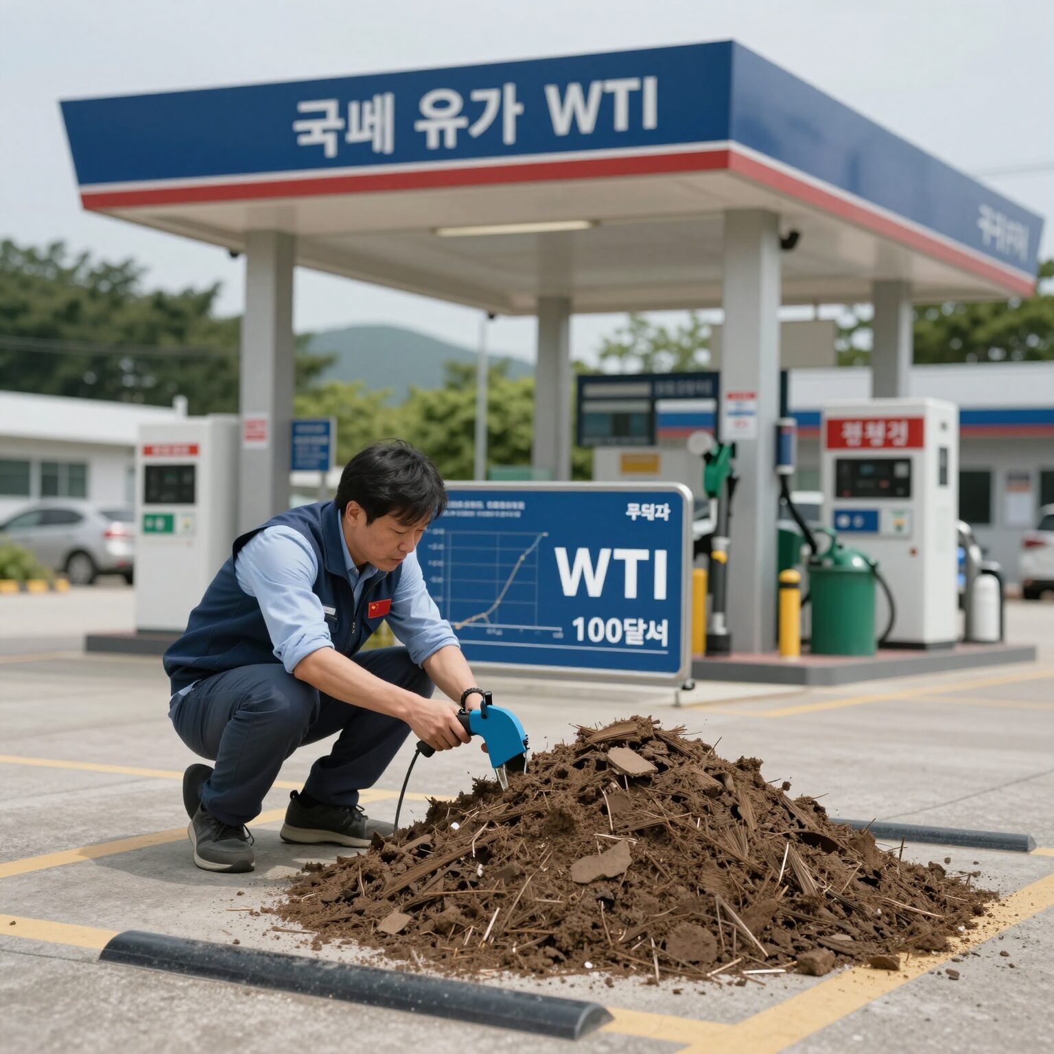 국제 유가 WTI 가격 100달러 돌파 그래프와 주유소 가격표 사진