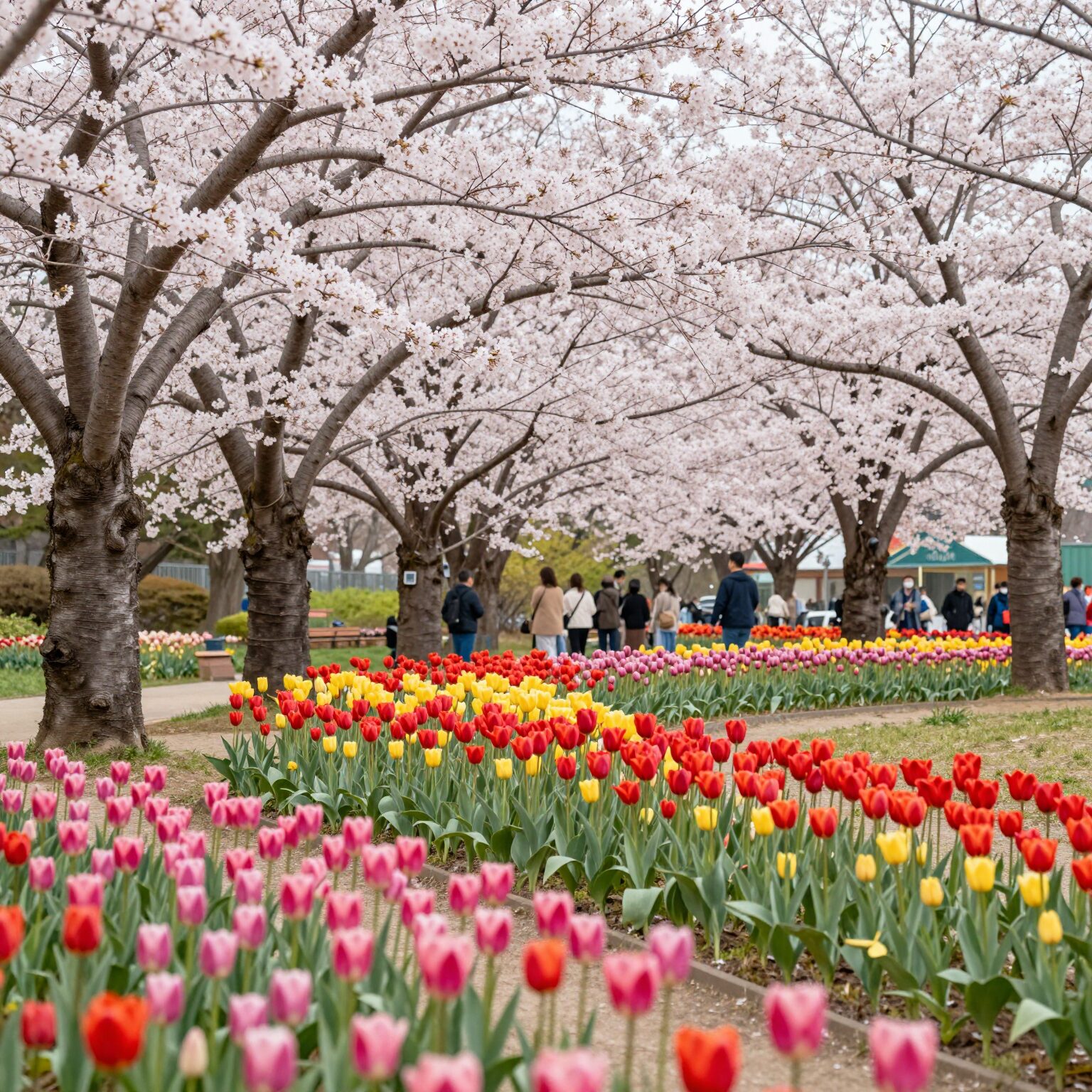 대전 오월드 플라워랜드 봄날의 겹벚꽃과 튤립 정원 풍경