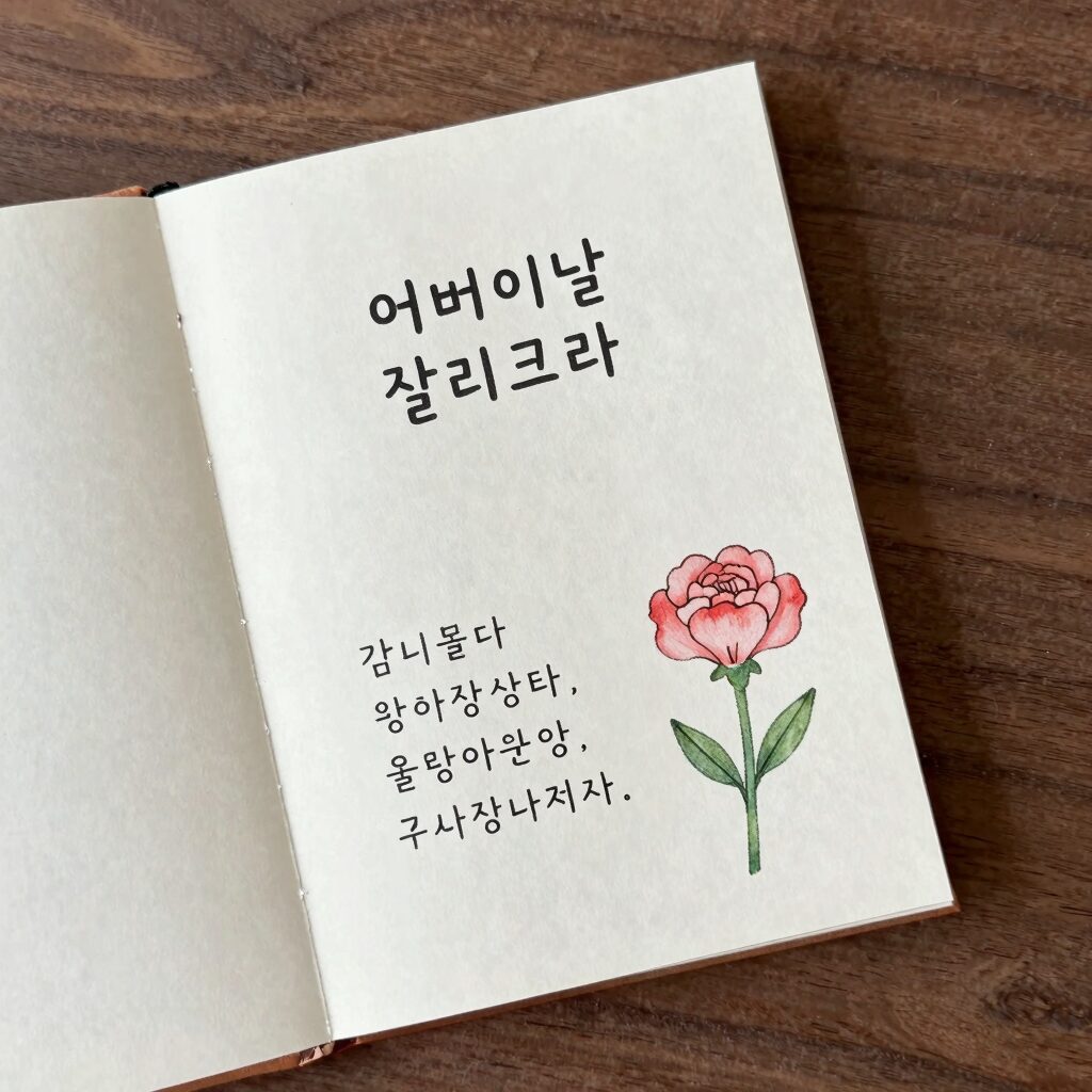 어버이날 캘리그라피 엽서에 감사 문구와 카네이션 그림이 담긴 이미지