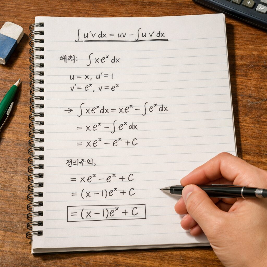 부분적분 공식 적용 과정을 보여주는 손글씨 풀이 예시
