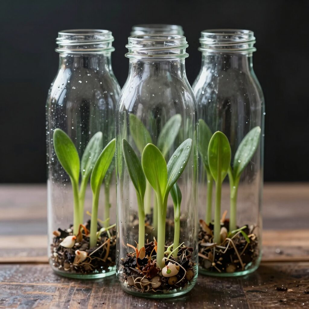 페트병으로 만든 3단 무순 재배기, 투명한 병 안에 자란 초록색 무순 새싹