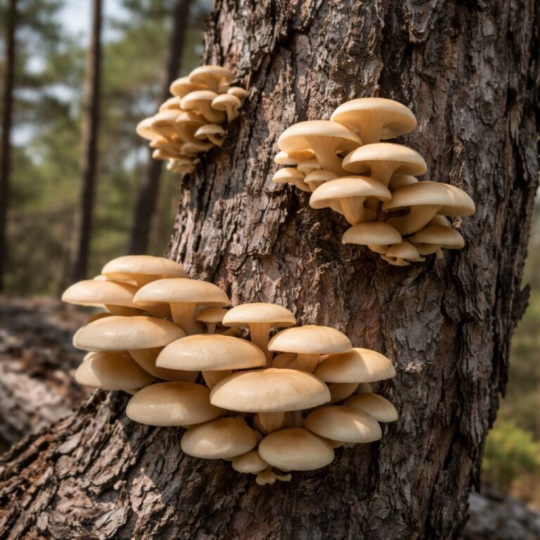 소나무 고사목에 붙어 자라는 한입버섯의 모습