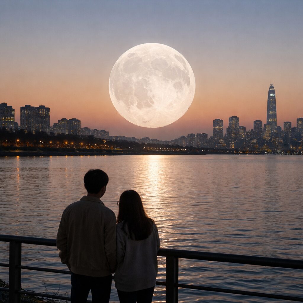 지평선 위로 떠오르는 보름달, 핑크문의 실제 색상은 은백색에 가깝다