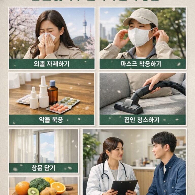 봄철 꽃가루 알러지를 관리하는 다양한 방법을 설명하는 인포그래픽 일러스트