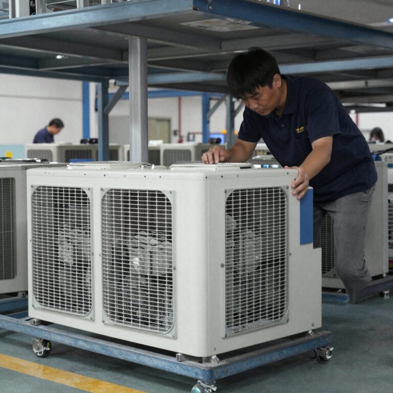 공장 내 이동식 에어컨 설치 및 작동 모습