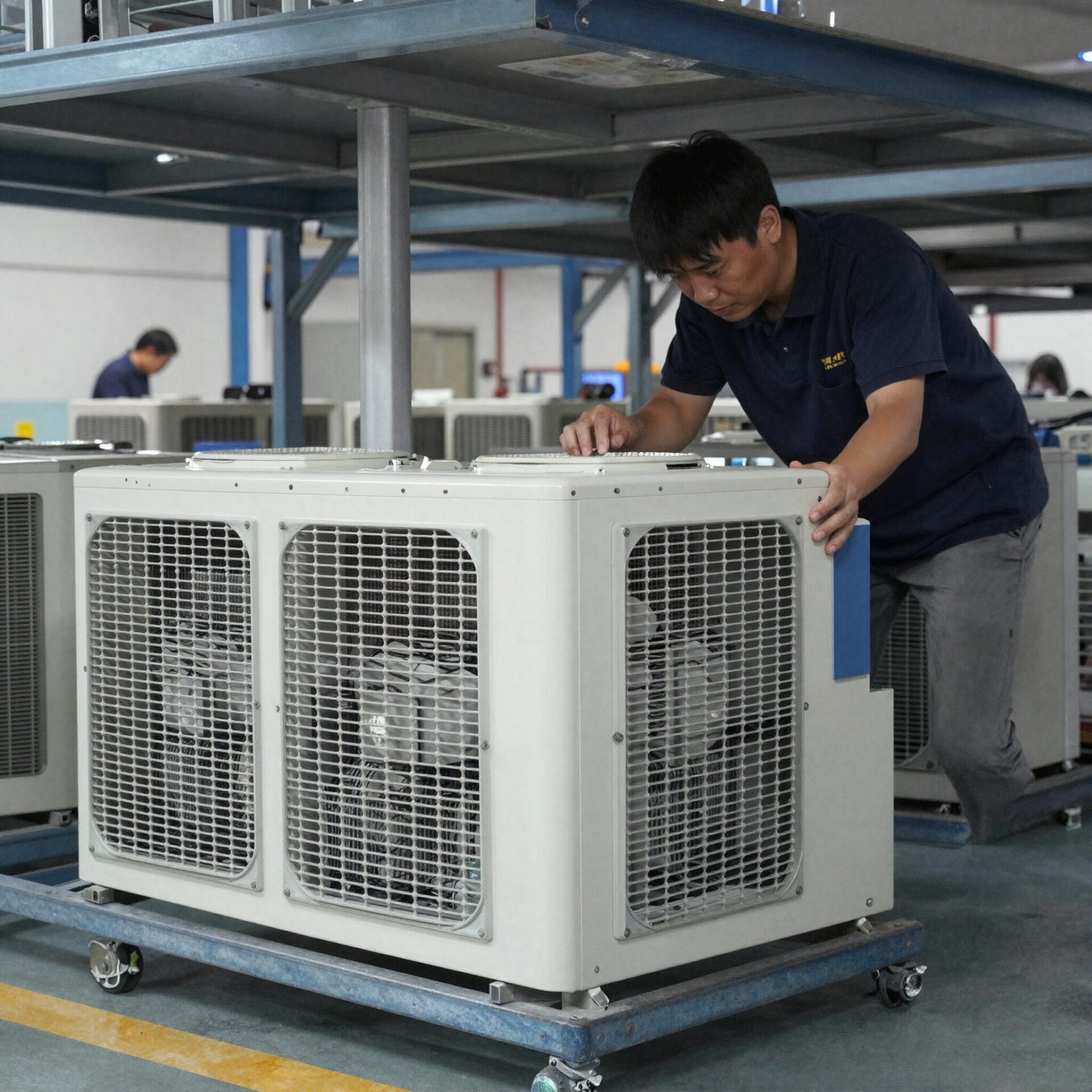 공장 내 이동식 에어컨 설치 및 작동 모습