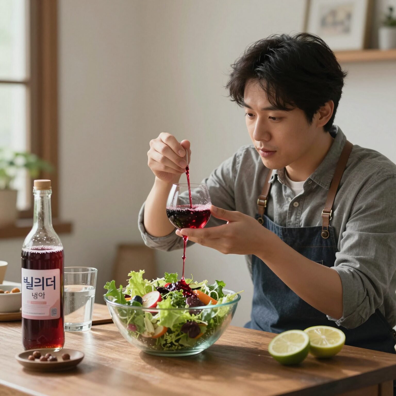 레드와인비니거를 물과 탄산수에 희석해 마시는 모습과 샐러드 드레싱으로 활용하는 장면