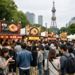 삿포로 오도리 공원 라멘 축제 현장, 다양한 라멘 부스와 사람들