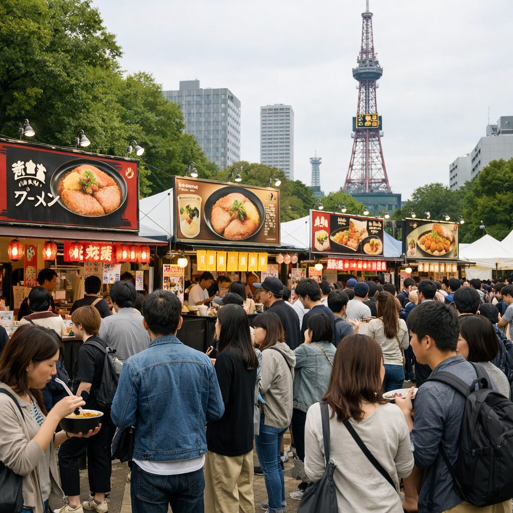 삿포로 오도리 공원 라멘 축제 현장, 다양한 라멘 부스와 사람들