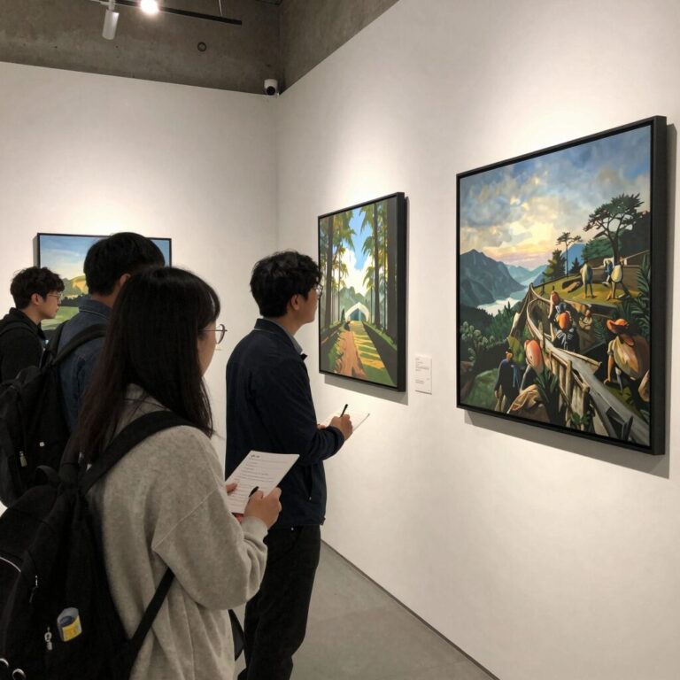 세월호 추모전시 연결에서 관람객이 작품을 감상하고 방명록을 작성하는 모습