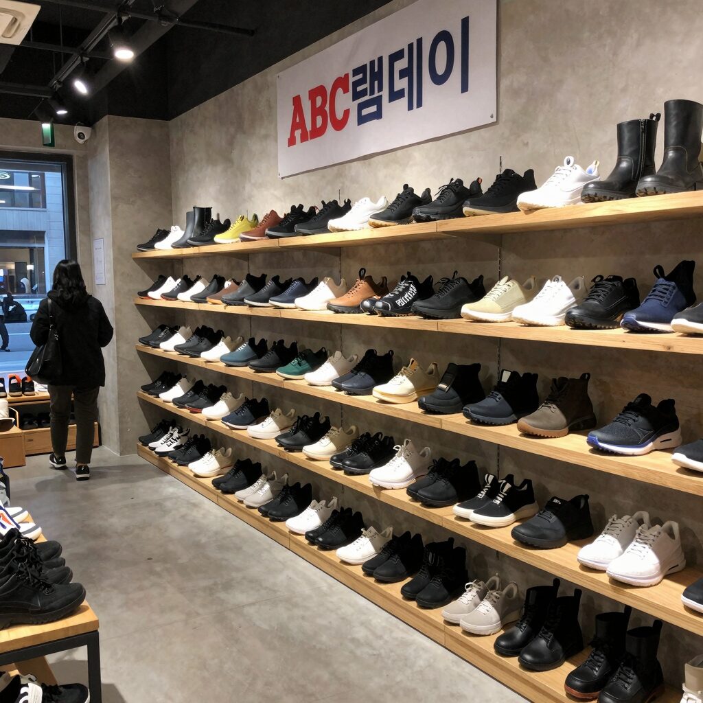 ABC 마트 블랙데이 팝업스토어 내부 모습, 다양한 신발이 진열된 모습