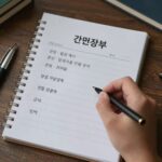 간편장부 작성 방법을 설명하는 이미지로, 수입과 지출을 날짜별로 기록하는 예시와 증빙 보관의 중요성을 강조하는 내용