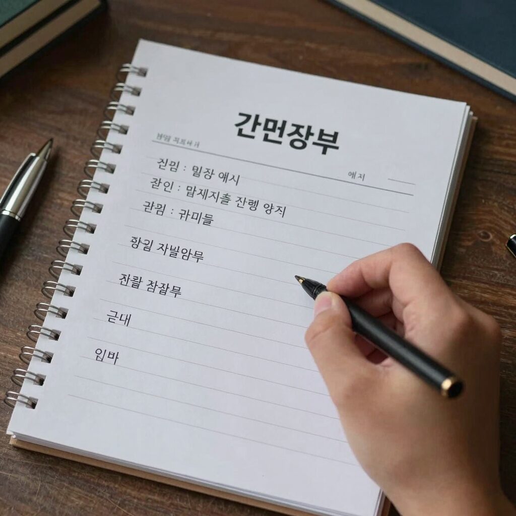 간편장부 작성 방법을 설명하는 이미지로, 수입과 지출을 날짜별로 기록하는 예시와 증빙 보관의 중요성을 강조하는 내용