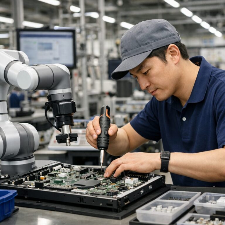 스마트 팩토리 내부에서 협동로봇과 작업자가 함께 전자제품을 조립하는 모습