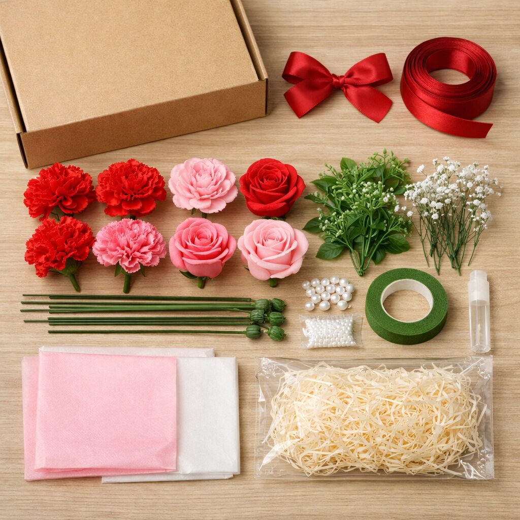 비누꽃 DIY 키트 구성품 사진, 비누로 만든 카네이션과 장미, 꽃대, 상자, 리본 등이 정리되어 있음