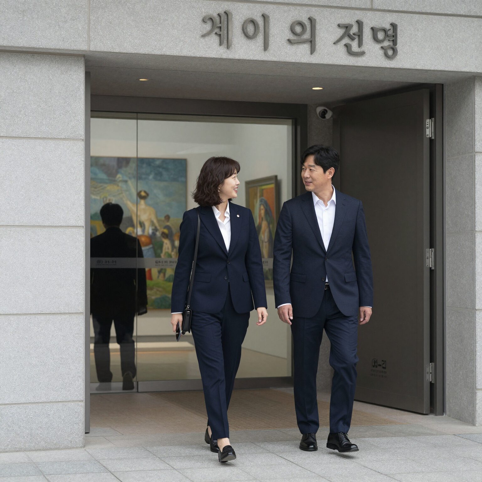송중기와 케이티 부부가 예술의전당 행사장 입구에서 다정하게 대화하며 걸어가는 모습. 송중기는 브라운 수트, 케이티는 화이트 가디건과 원피스를 입고 있다.