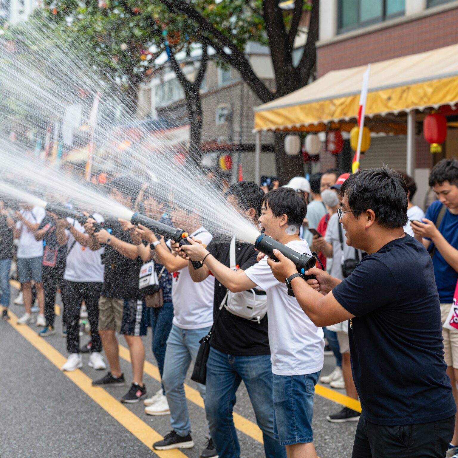태국 방콕 송크란 축제 카오산 로드에서 물총을 들고 웃으며 물을 뿌리는 사람들