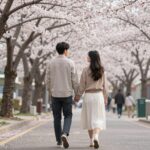 봄이 좋냐 노래의 의미와 인기 비결 벚꽃이 흩날리는 봄날 거리에서 행복하게 걸어가는 커플의 뒷모습