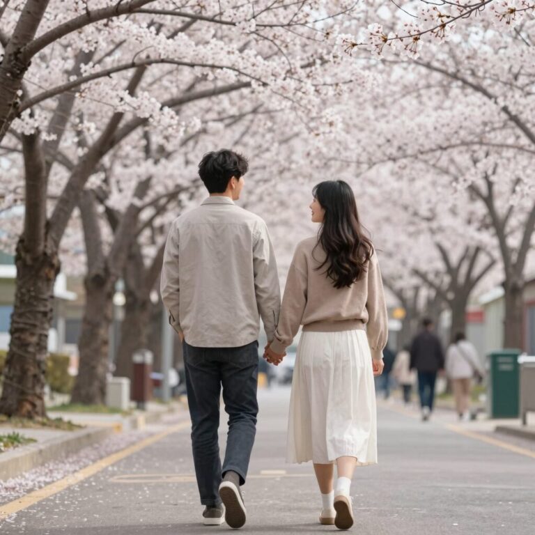 벚꽃이 흩날리는 봄날 거리에서 행복하게 걸어가는 커플의 뒷모습