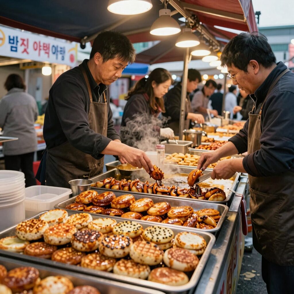 합천 별꽃 야시장에서 판매되는 떡볶이와 다양한 전(煎) 요리