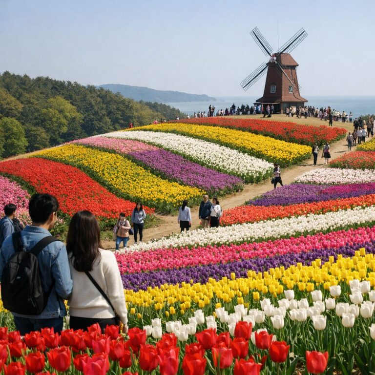 태안 세계 튤립 축제의 다양한 색상의 튤립이 언덕을 따라 펼쳐진 광경과 멀리 보이는 풍차