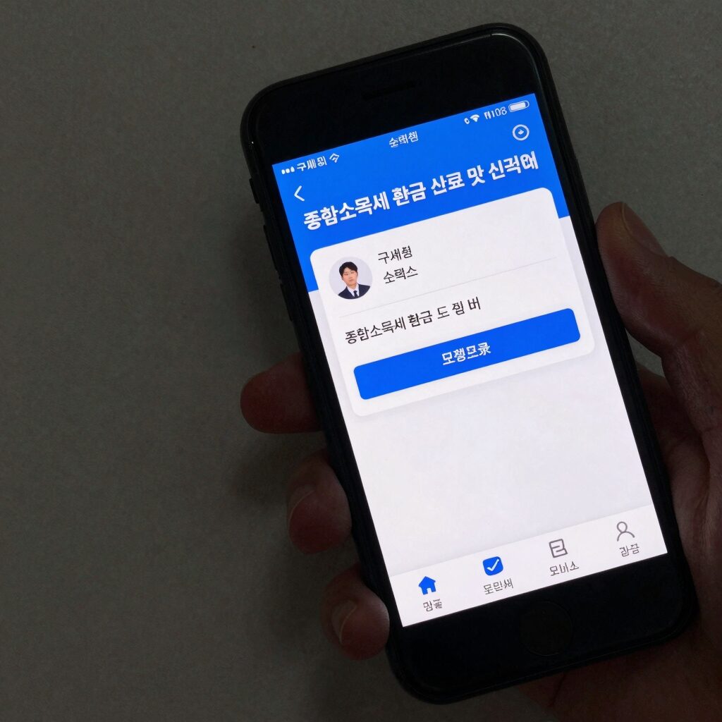 국세청 손택스 모바일 화면에서 종합소득세 환급 조회 및 신청 버튼을 누르는 모습