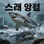 넷플릭스 스래시 상어의 습격 후기와 정보 스래시 상어의 습격 영화 포스터, 허리케인과 해일에 휩싸인 도시와 상어 지느러미가 묘사됨