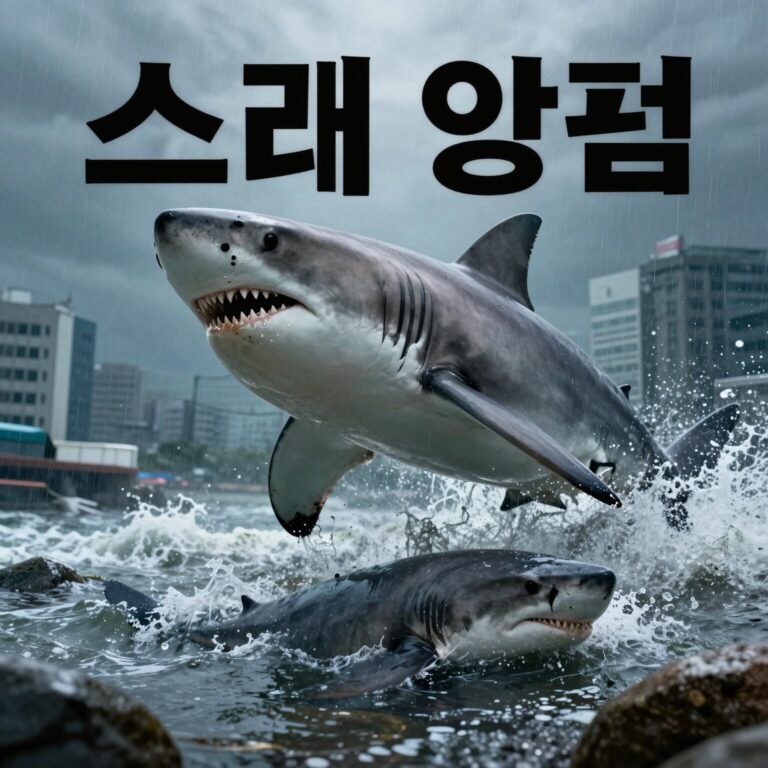 스래시 상어의 습격 영화 포스터, 허리케인과 해일에 휩싸인 도시와 상어 지느러미가 묘사됨