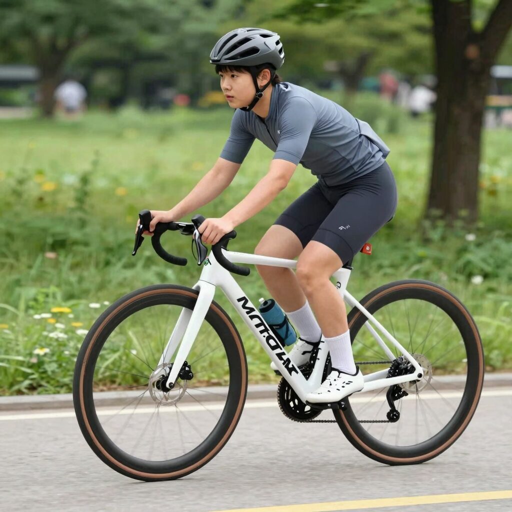 광폭 타이어가 장착된 도쿄나인 랭글러 자전거를 타고 공원을 달리는 아이