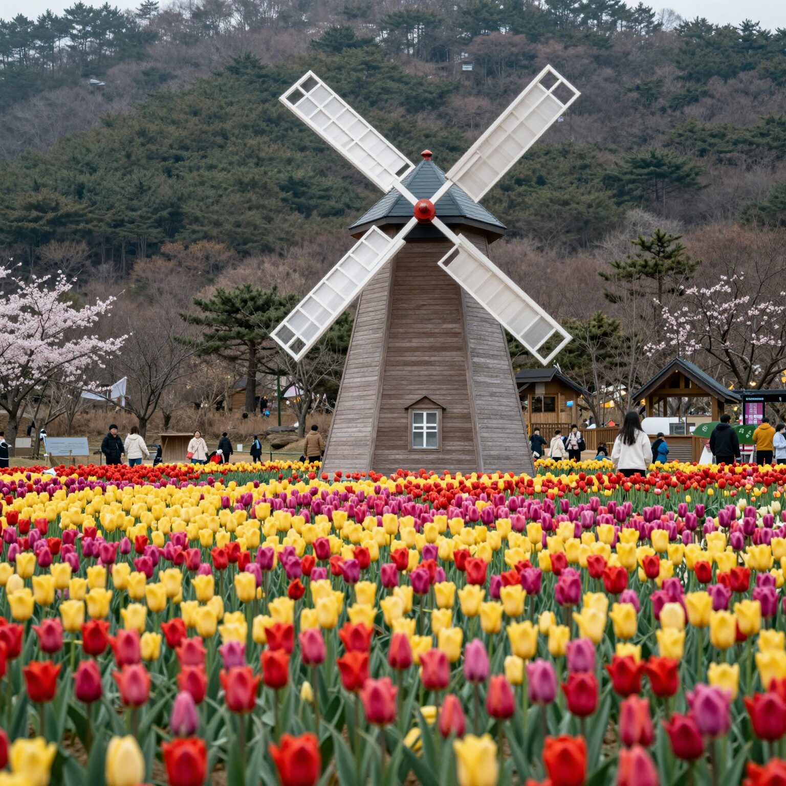 임자도 튤립축제장 전경, 색색깔의 튤립과 풍차, 뒤로 푸른 바다가 보이는 풍경