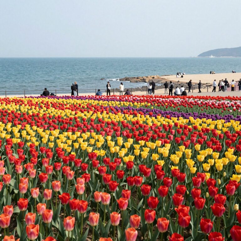 태안 튤립축제 전망대에서 바라본 화려한 튤립 카펫 정원과 바다 풍경