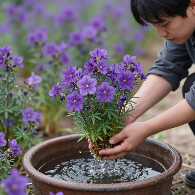 화분에 심겨진 보라색 제비꽃과 물주는 모습