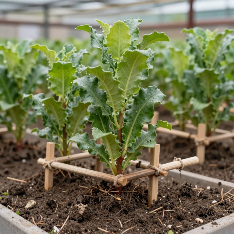 수양홍도화 묘목을 지지대에 고정시키는 모습