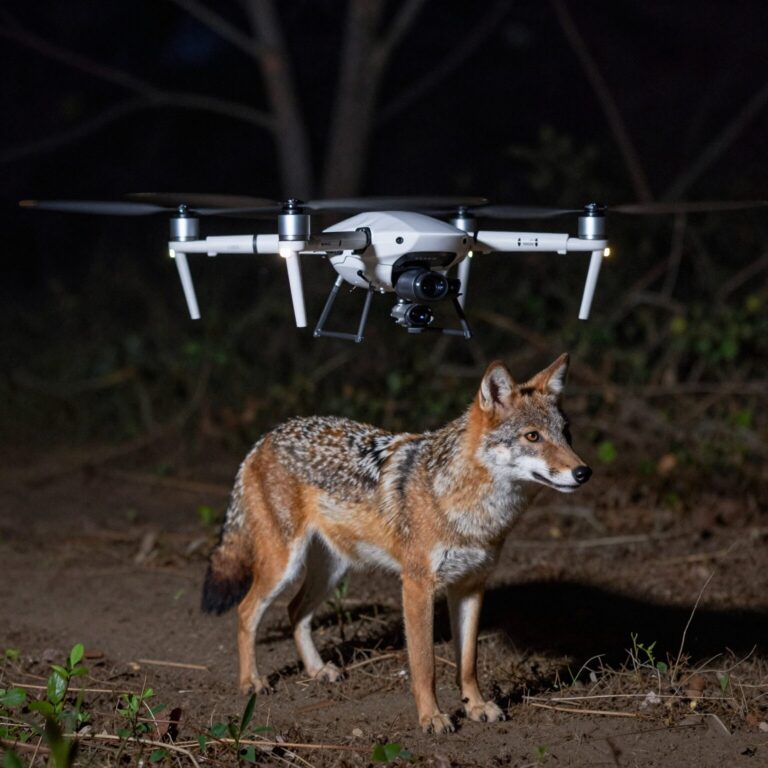 대전 늑대 수색을 위한 열화상 드론이 야간 산림지대를 비행하고 있는 모습