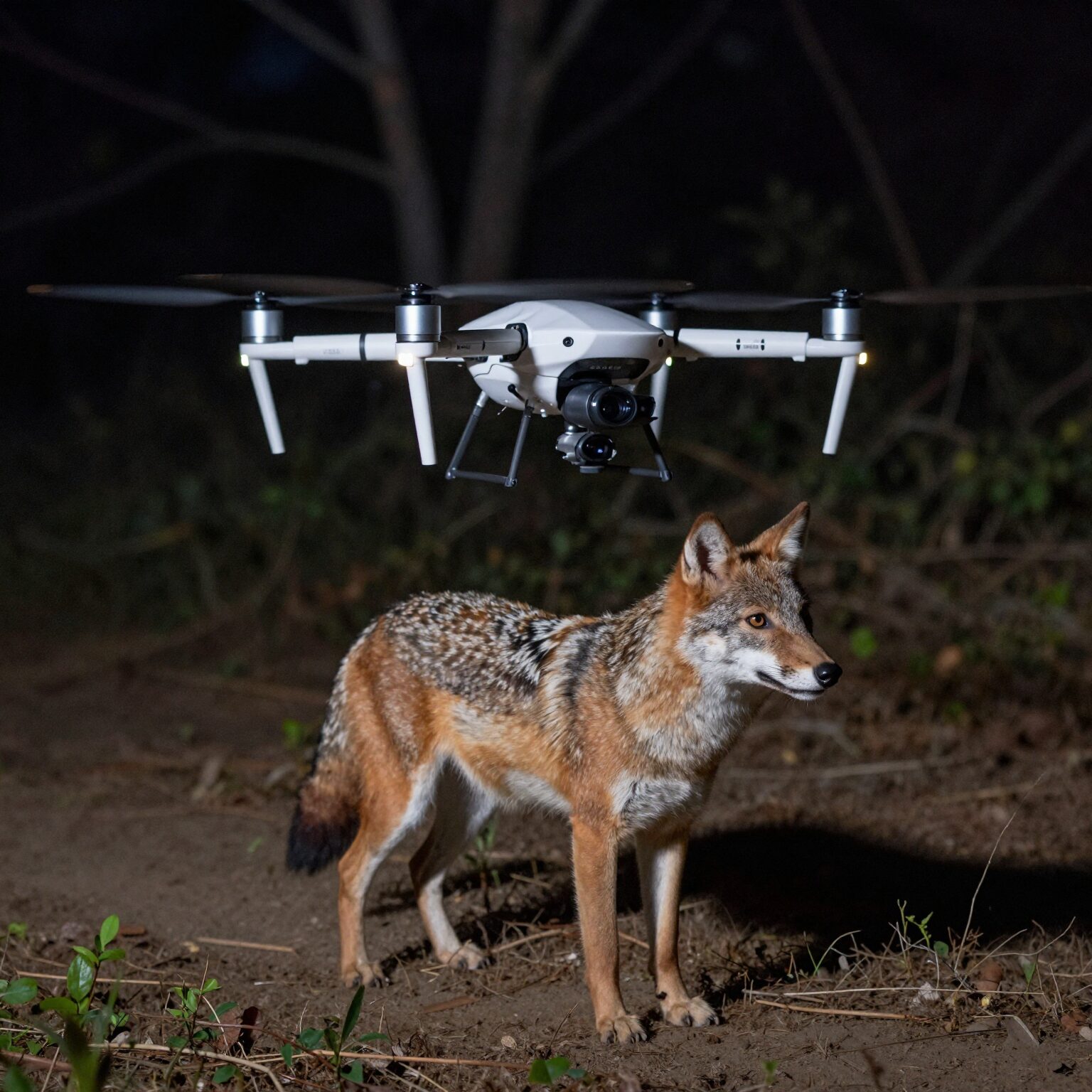 대전 늑대 수색을 위한 열화상 드론이 야간 산림지대를 비행하고 있는 모습