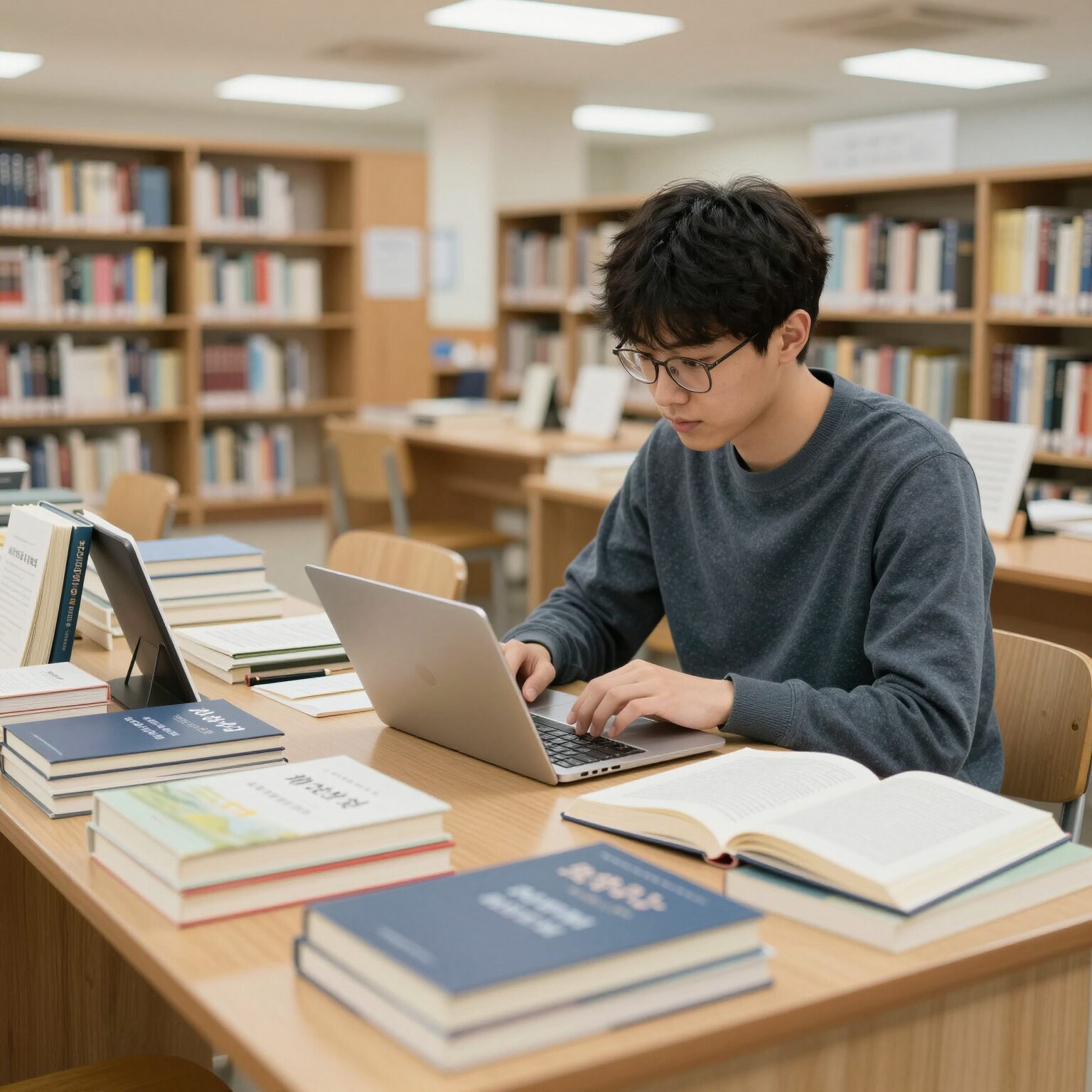 세계책의날을 위해 책과 문구류 상품이 준비된 학교 도서관 책상