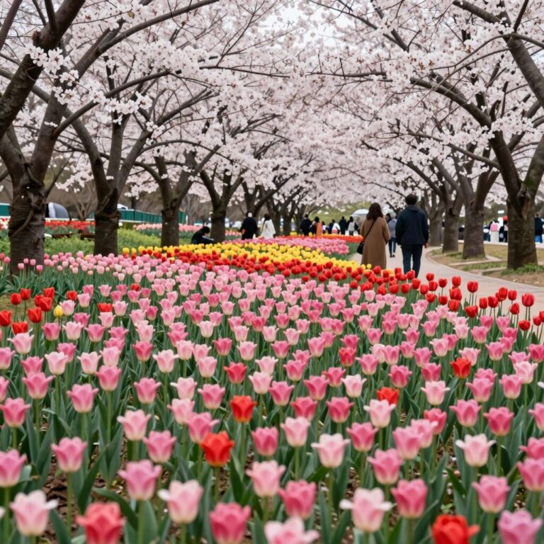 양산 황산공원 봄날의 유채꽃밭과 튤립 정원 풍경