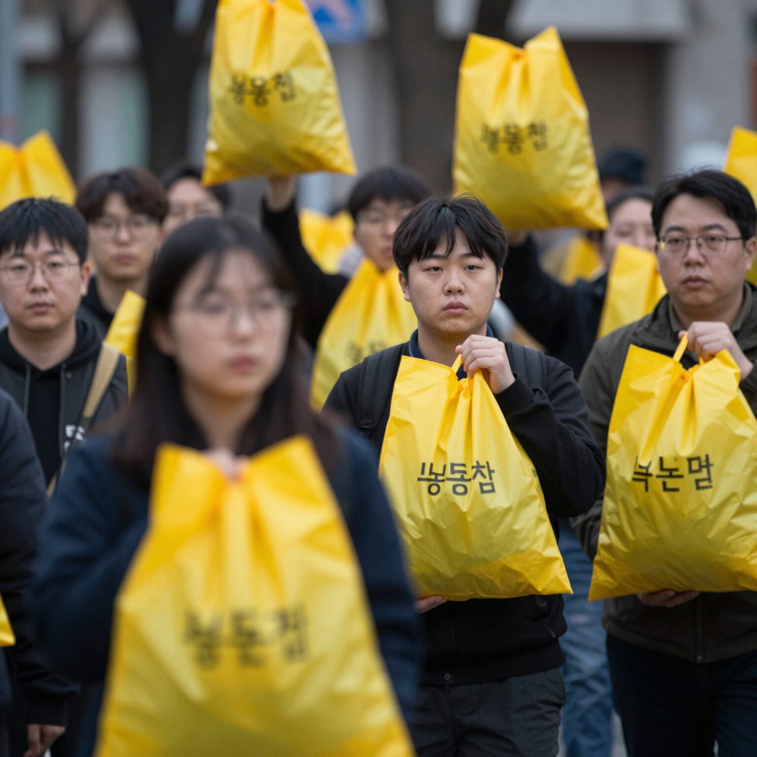 노란봉투법 지지 집회 현장에서 사람들이 노란색 봉투를 들고 있는 모습