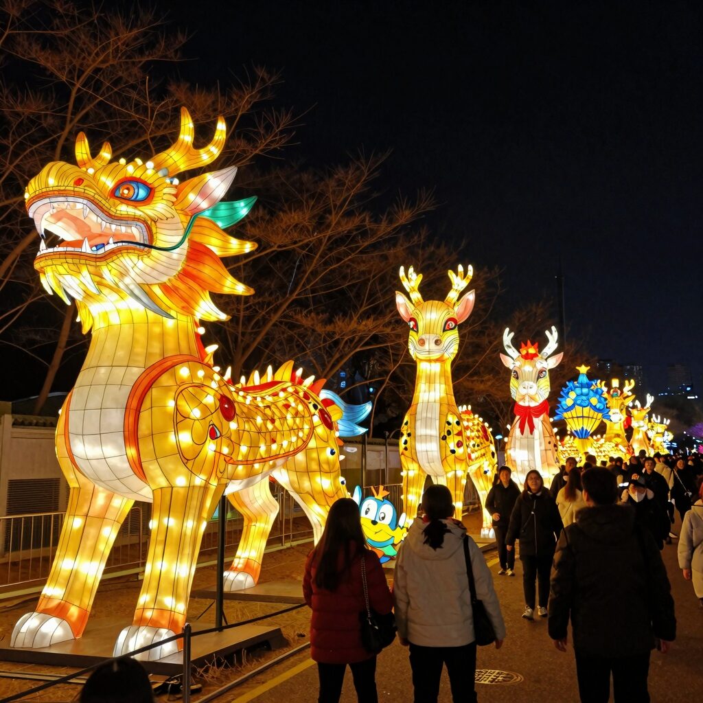 대구 달구벌관등놀이 연등행렬 야간 장관, 화려한 조명의 용형 연등과 많은 참여자들