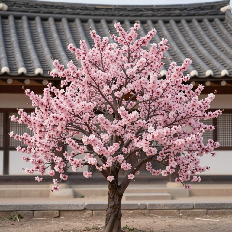 만개한 분홍색 연산홍 꽃나무와 배경의 한국 전통 한옥 지붕