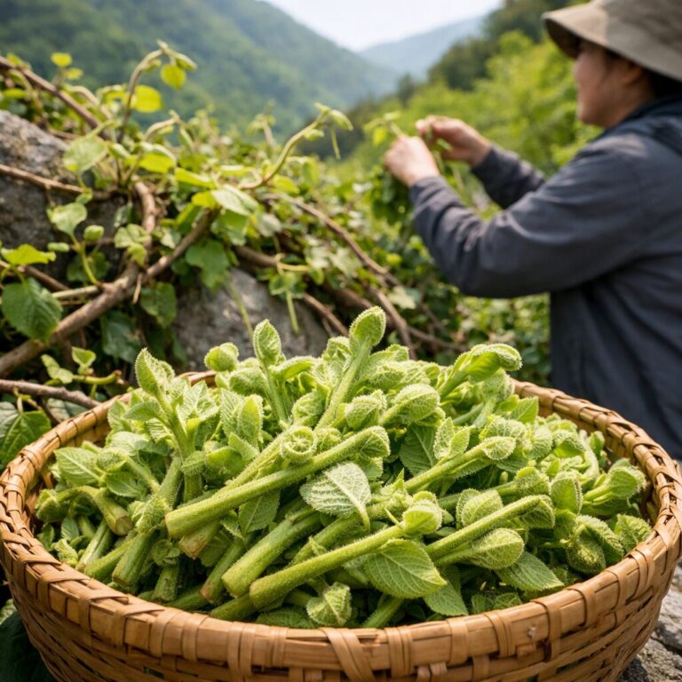 봄 산에서 채취한 신선한 다래순, 어린순이 덩굴에 가득함