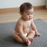 아기가 논슬립 반양말을 신고 안전하게 바닥에 앉아있는 모습