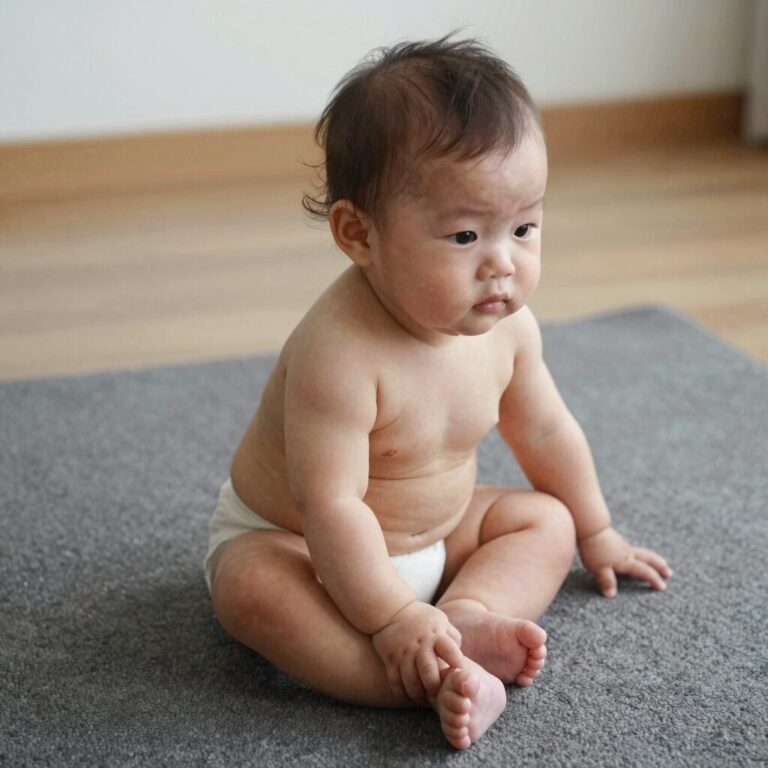 아기가 논슬립 반양말을 신고 안전하게 바닥에 앉아있는 모습