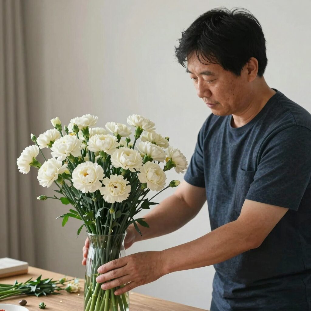 어버이날 카네이션 꽃다발을 화병에 꽂은 인테리어 사진