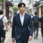 차은우가 원더풀스에서 연기한 이운정 캐릭터의 스틸컷. 단정한 수트 차림으로 해성시의 거리를 응시하고 있다.