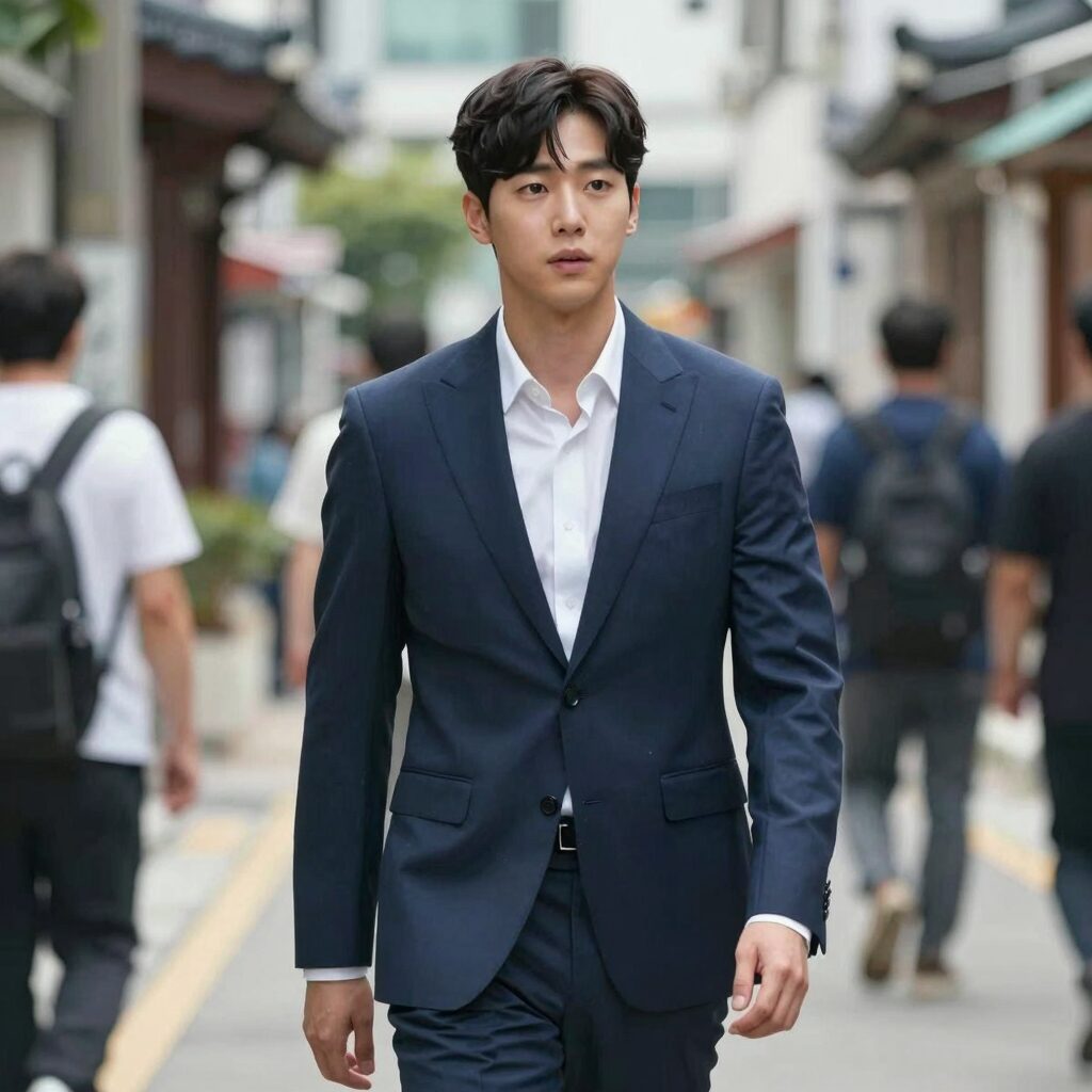 차은우가 원더풀스에서 연기한 이운정 캐릭터의 스틸컷. 단정한 수트 차림으로 해성시의 거리를 응시하고 있다.