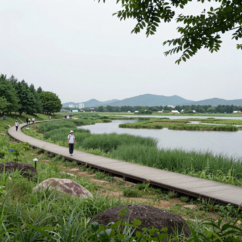 철원 DMZ생태평화공원 용양보 습지 탐방로에서 바라본 철책선과 평화로운 자연 풍경