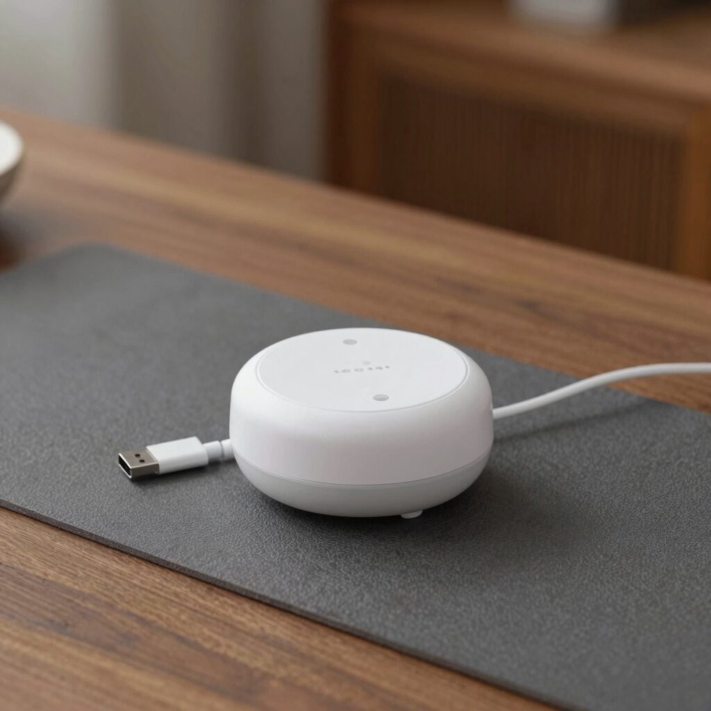 전자 모기향 제품을 테이블 위에 올려놓고 사용하는 모습. 작은 USB 전자 모기향과 매트, 액상 리필이 함께 보인다.