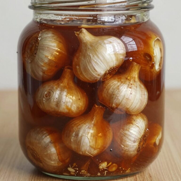 100일 숙성 마늘장아찌가 유리 용기에 담겨 있으며 짙은 갈색 간장 국물과 아삭한 통마늘이 보이는 사진