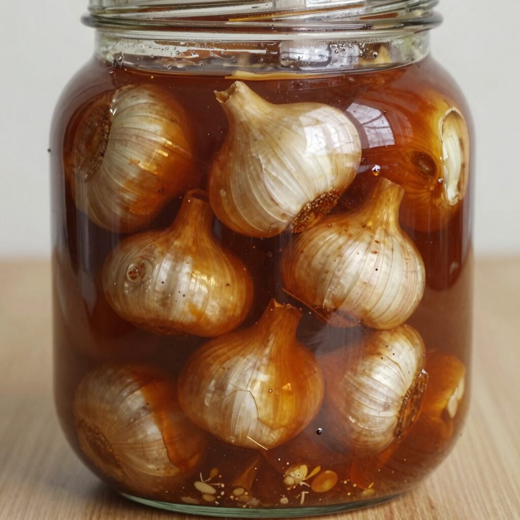 100일 숙성 마늘장아찌가 유리 용기에 담겨 있으며 짙은 갈색 간장 국물과 아삭한 통마늘이 보이는 사진